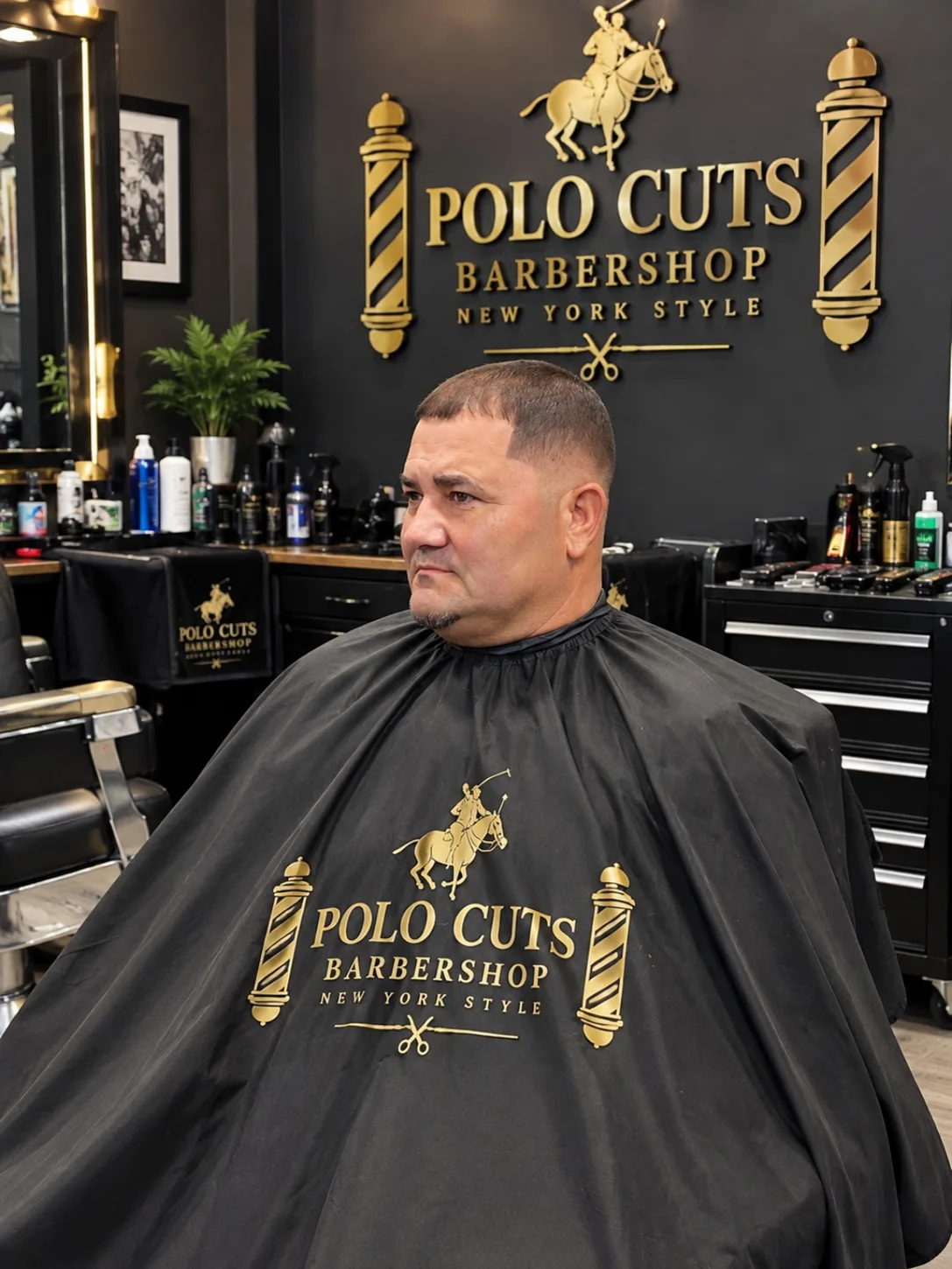 Polo Cuts Barbershop interior and gold branding